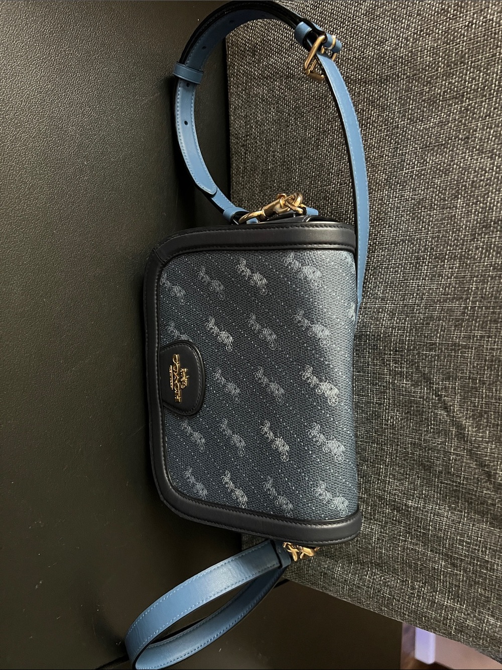 Coach Navy Signature Canvas Crossbody with Gold Logo Plaque - Picture 3 of 8